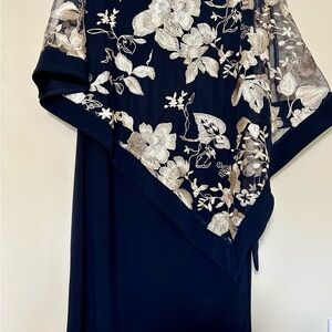 Size 16 Women Navy Blue Sheath Dress with Champagne Floral Embroidered Cape